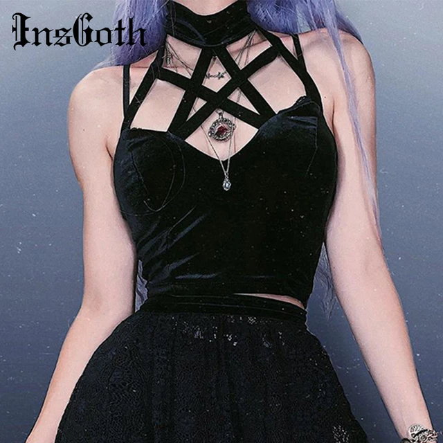 $US $6.97  InsGoth Hallow Out Black Camis Women Sexy Tank Tops Gothic Pentagram Bandage Halter Female Backless