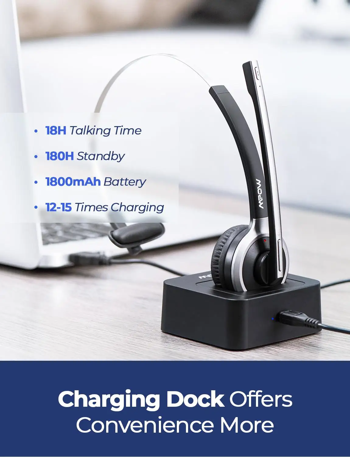 Mpow Bluetooth Headset for Trucker Office Headset with Noise-Suppressing Mic Bluetooth4.1 180H Charging Base Traffic Headset