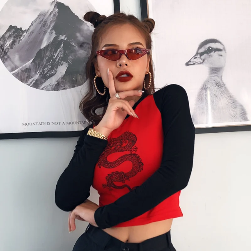 IAMHOTTY Dragon Print китайская женская футболка контрастная Лоскутная мужская майка с длинным рукавом Осенняя уличная Новая женская футболка