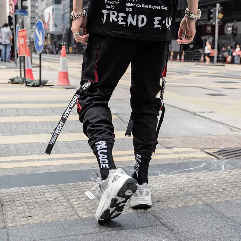 Мужские хип хоп большой карман ленты рабочая одежда, штаны модный бренд Harajuku шаровары уличная грузовые тактические брюки