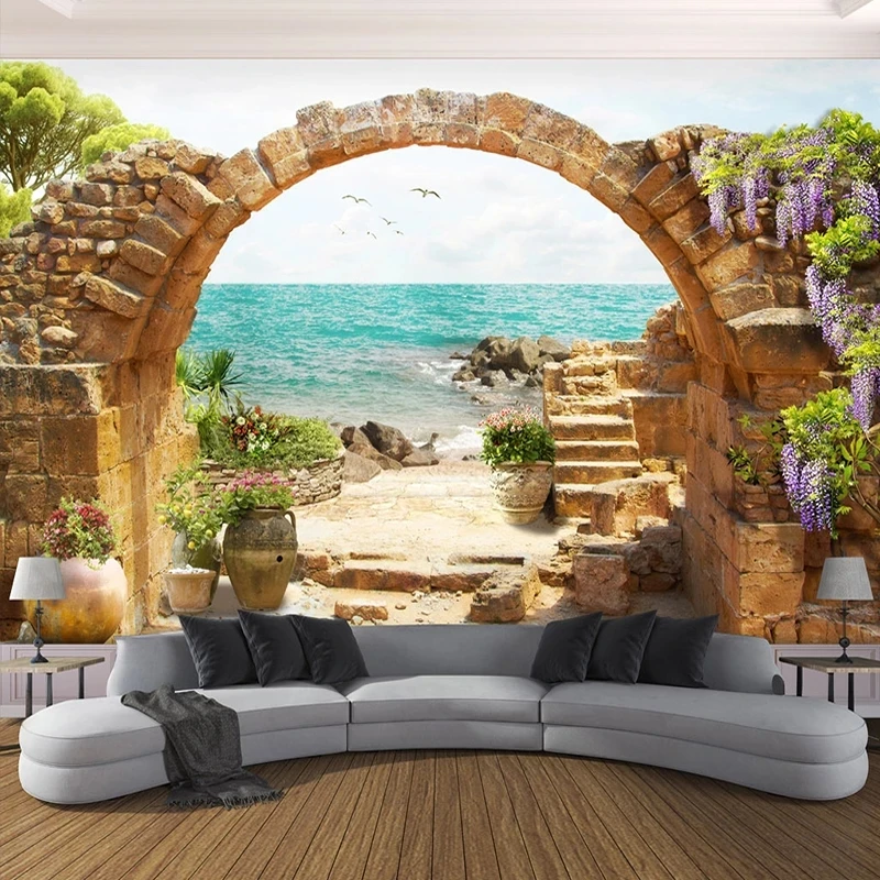 Custom Large Mural Garden Stone Arches Sea View 3D Photo Self Adhesive Wallpaper Living Room Sofa Bedroom Backdrop Waterproof |