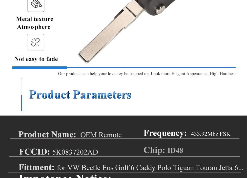 Keyforkess OEM 434Mhz ID48 chiave di vibrazione a distanza OEM per VW Volkswagen Beetle Caddy Eos Golf Jetta Polo Scirocco Tiguan Touran - Hb6491084115445b9a575b469c5f59840M