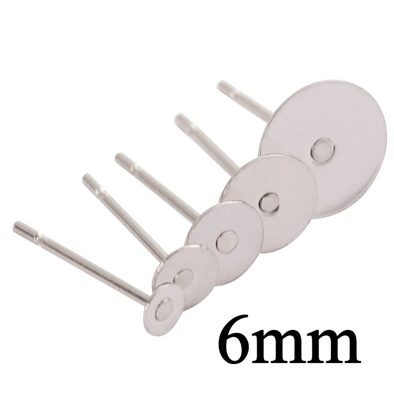 6mm 100 шт./лот, нержавеющая сталь 316L, пустые серьги, шпильки, 3-12 мм, плоский круглый поднос, основа, ювелирное изделие, самодельные компоненты - Цвет: 6mm