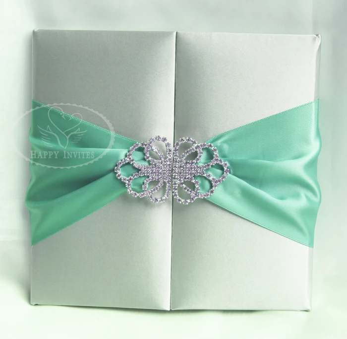 HI2003-94 Custom Silk Folder Invitation in Silver with Mint Green Wedding Ribbon and Silver Brooch More Colors Available