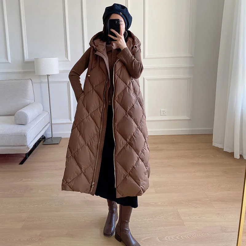 Luxury Women\'s Sleeveless Down Vest With belt Winter Warm Zipper Hooded Long Down jacket Fashion Outerwear Lady INKEO 1O338