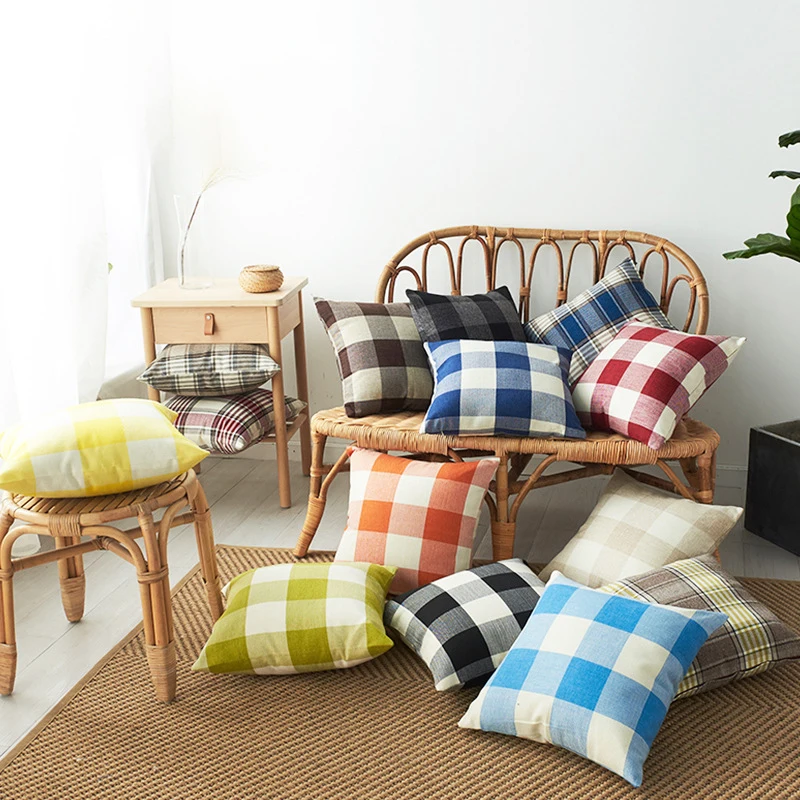

Double Side Printing Linen Cotton Cushion Covers Stripes and Checks Decorative Blue Yellow Green Black and White Pillow Cover
