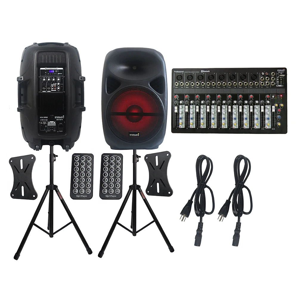 

STARAUDIO 2X 2500W 15" Powered Active Speakers System DJ PA Speaker Stands 10 Channel Bluetooth USB MP3 Mixer System SCS-15RGB
