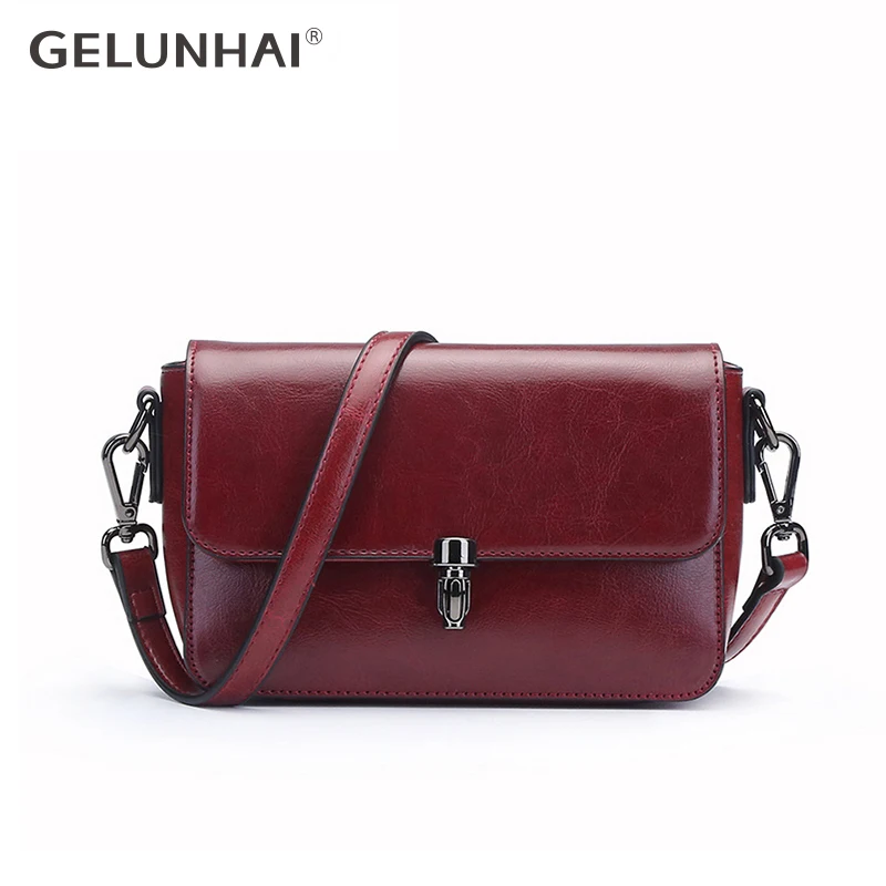 

GELUNHAI Vintage Women Messenger Bag 100% Genuine Leather Classic Black Handbag Daily Casual Shoulder Crossbody Brown Small Flap