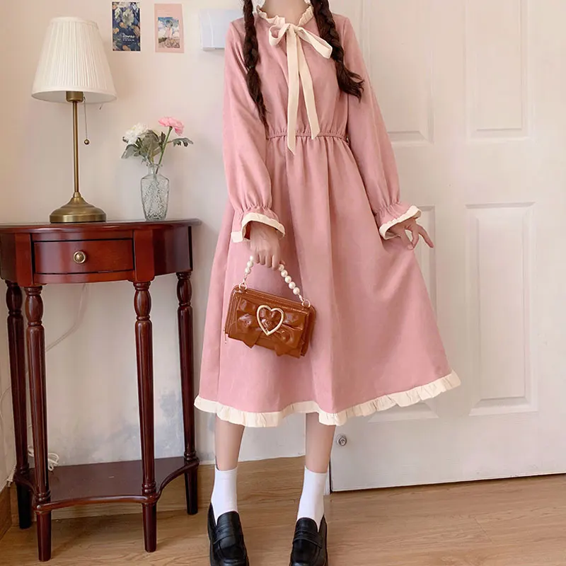 

Autumn 2020 New French Retro High Waist Slim Patchwork Ruffled Dress Women kawaii clothing sweet lolita dress victorian dress