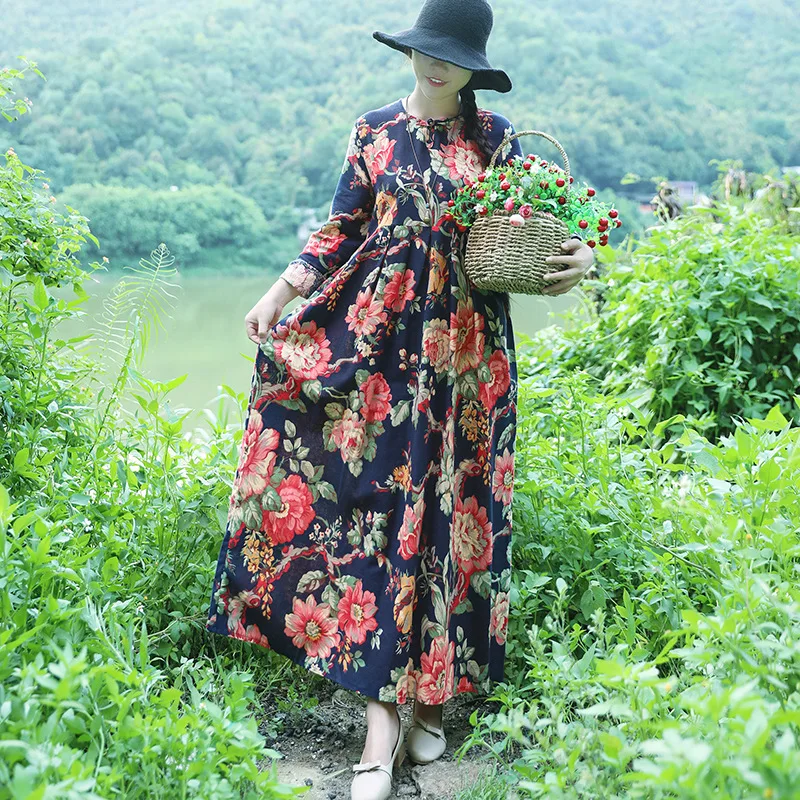 

2019 Spring New Style Ethnic-Style Printed Large Size Dress Retro Loose-Fit Long Sleeve Cotton Linen Big Hemline Dress Women's