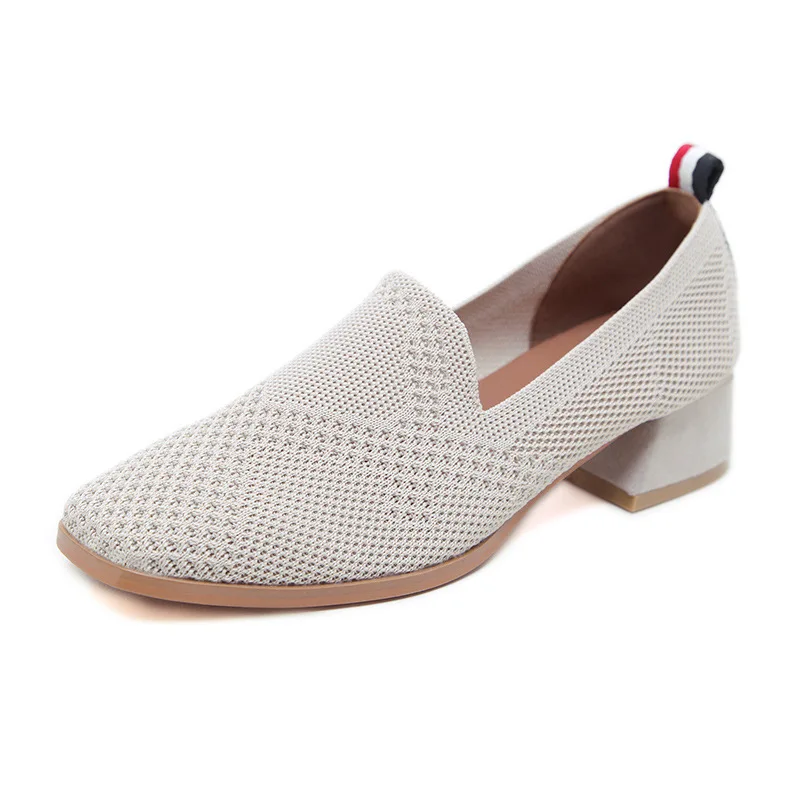

Square Toe Med-High Heels Shoes Woman Breathable Mesh Pumps Knitted Thick High Heels Creepers Lady Loafers Women Single Shoes