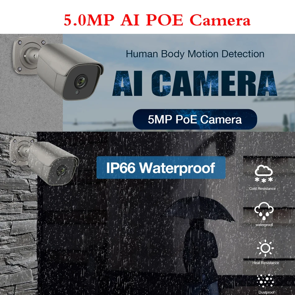 H.265 5MP Full HD 48 В POE IP камера человека обнаружения движения двухсторонняя аудио AI
