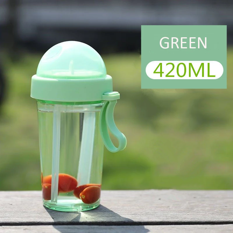 420/600ml Kawaii Double Straw Water Bottles Creative Lovers Drink Cup for Girls Portable Sports Plastic Water Bottle BPA Free - Цвет: GREEN 420ML
