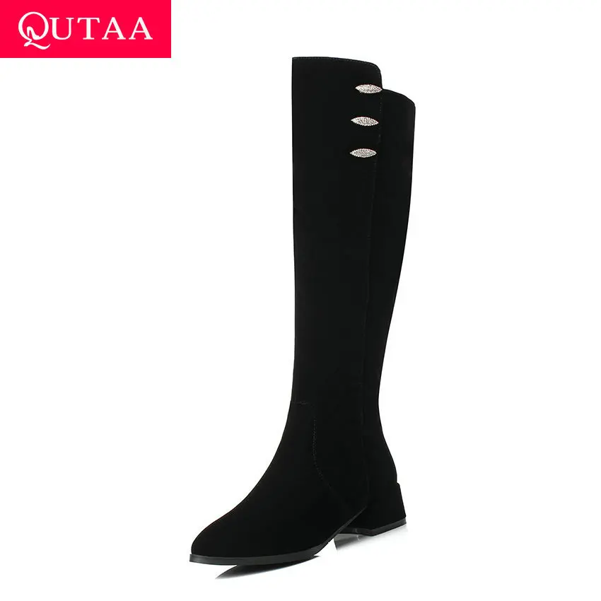 

QUTAA 2020 Women Knee High Boots Flock Square Heel Winter Women Shoes Fashion Rhinestone Pointed Toe Zipper Long Boots Size34-43