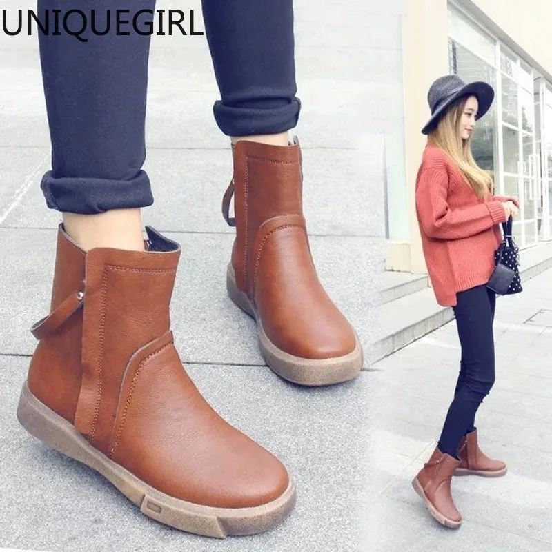 

Women's Boots 2019 Autumn and Winter New Solid Color Double Zipper Short Boots Women Flat Non-slip Soft PU Martin Boots