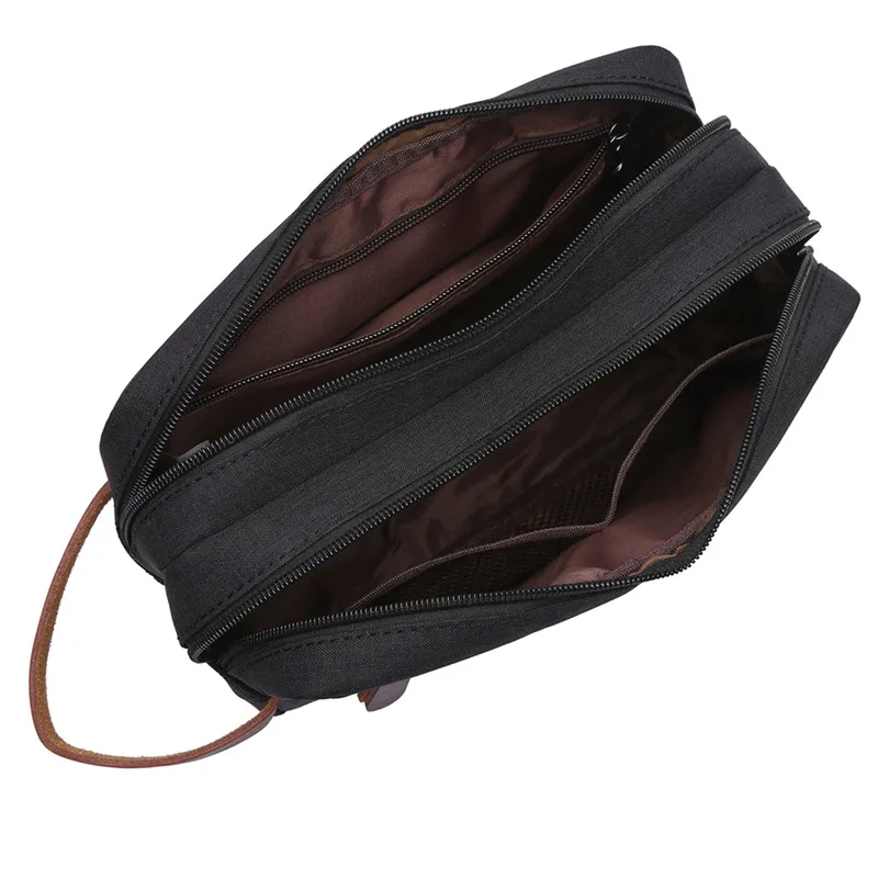 Buy Casual Canvas Cosmetic Bag with Leather Handle Travel Men Wash Shaving Women Toiletry Storage Waterproof Toilet Organizer Bag
