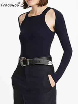 

Free shipping elastic knit sweater vest two-piece set ladies autumn new style + personality all-match hollow long sleeve vest