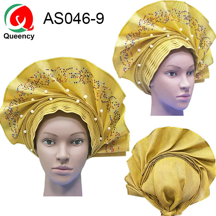 AS046 африканская повязка для женщины в нигерийском стиле уже сделал Авто геле тюрбан Aso Ebi большой край красивый свадебный головной убор - Цвет: AS046-9