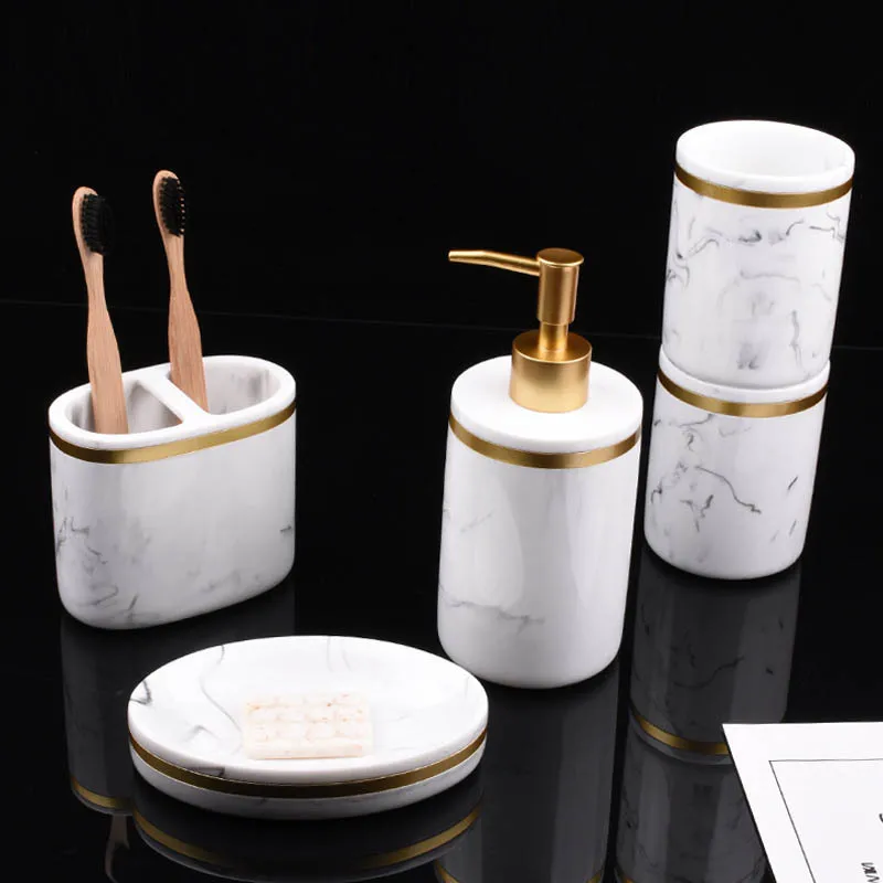 

2020 Ceramic Marble Pattern Bathroom Kit Wash Set Bathroom Accessories Set Tray Toothbrush Holder Set Liquid Soap Dispenser