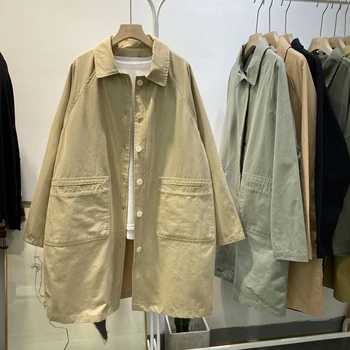 

Vintage Harajuku Long Jacket Windbreaker Women Safari Style Green Khaki Cotton Fashion Coat Female Safari Style Tops Cardigan