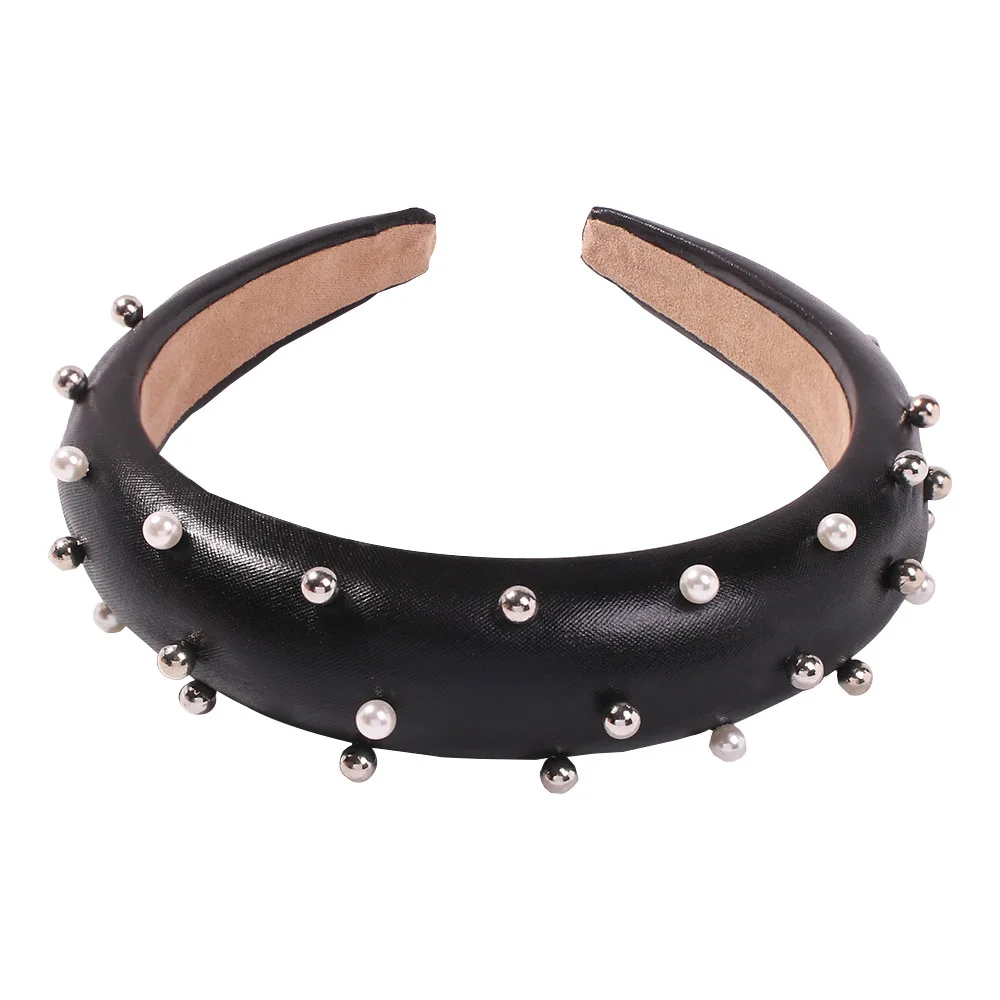 Pearl Padded Headband PU Leather Thicken Headaband Vintage Wide Hard Headaband for Women Hair Accessories