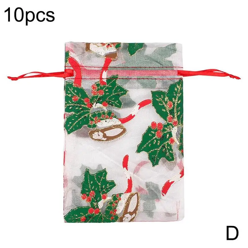 

10pcs Christmas Tree Pattern Candy Gifts Bags Beam Mouth Organza Drawstring Jewelry Gift Cute Transparent Bag Leaves Snowman Box