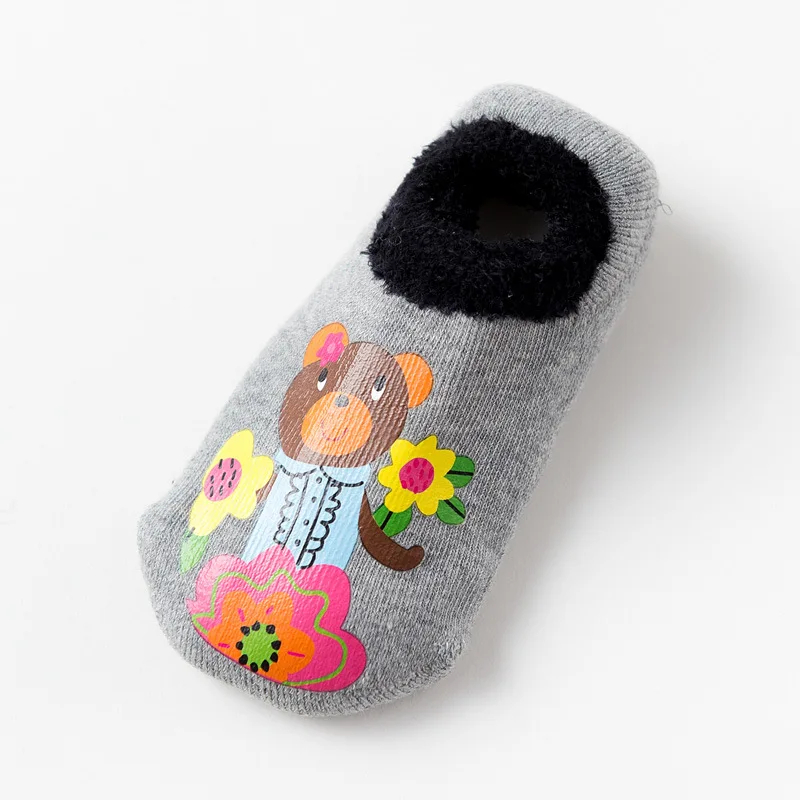Хлопковые носки для маленьких мальчиков и девочек; Резиновые Нескользящие носки-тапочки; зимние осенние носки с рисунками животных для малышей; плотная теплая обувь - Цвет: 5-Grey