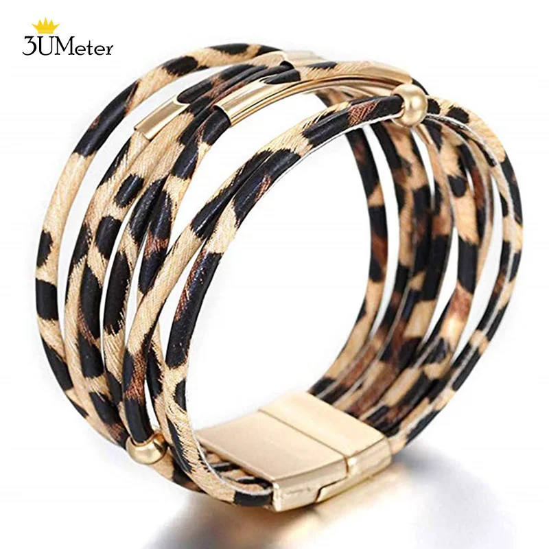 Boho Leopard, кожаный браслет для женщин, многослойный кожаный Браслет-манжета, хрустальный бисер, стразы, браслет, ювелирное изделие, подарок для девочек