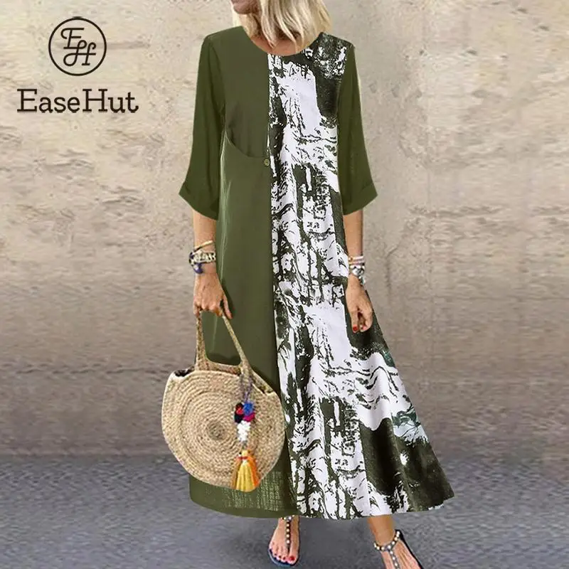 

EaseHut Women Vintage Plus Size Dress 3/4 Sleeves Printed Splicing Asymmetrical Pocket Loose Autumn Boho Robes Casual Maxi Dress
