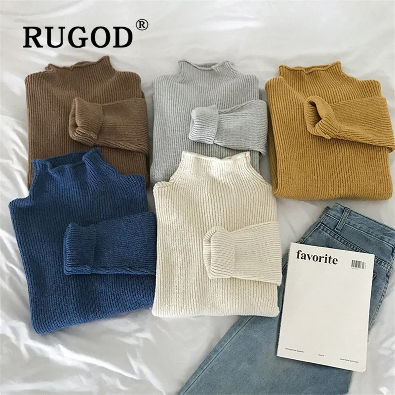 RUGOD korean solid basic sweater pullovers for women warm turtleneck loose thick knitted tops fashion casual pull female | Женская