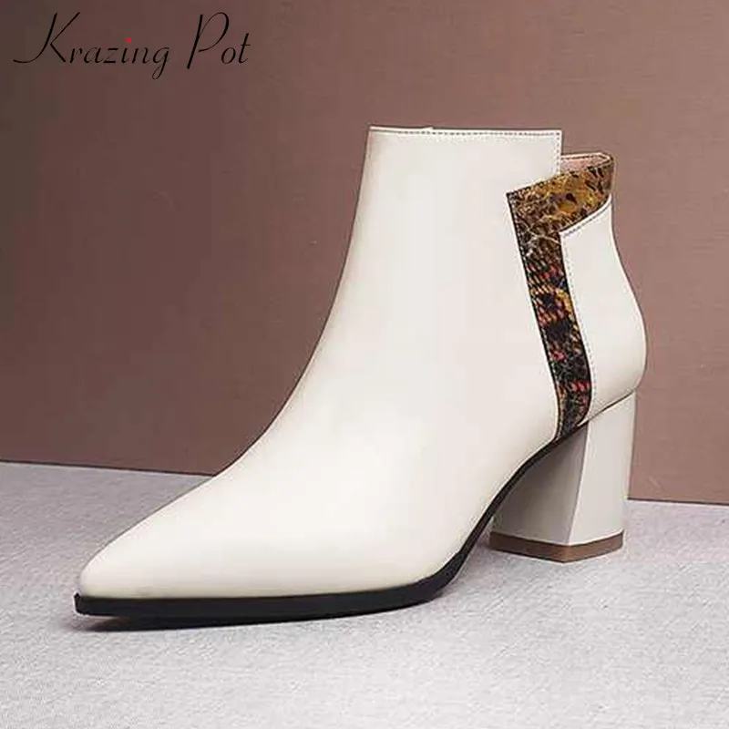 

krazing pot genuine leather mixed colors office lady high heels pointed toe winter keep warm women daily wear ankle boots L80