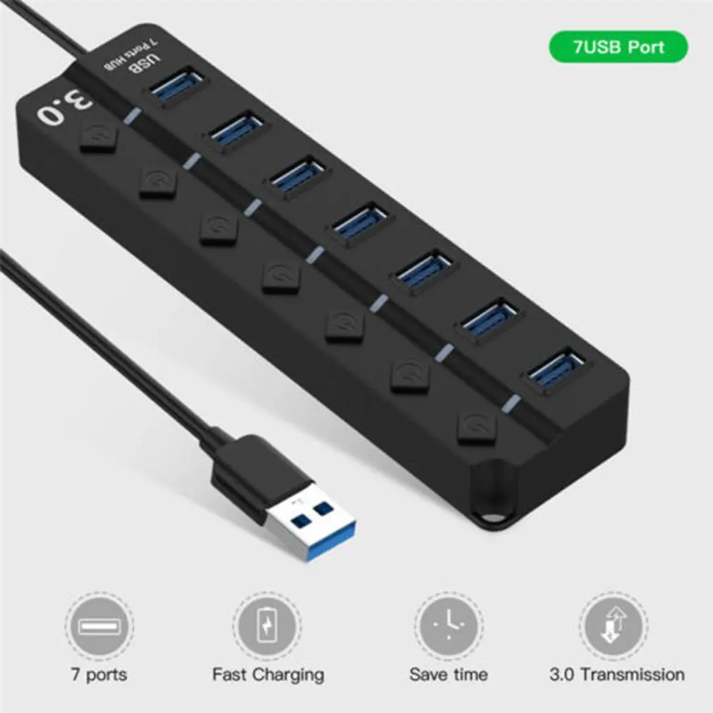 7 Port Usb 3 0 Hub 5Gbps High Speed On Off Switches Ac Power Adapter For 2