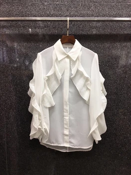 

2020 Early Autumn New Women's Lapel Pleated Ruffles Stitching Decorations Solid Color Button Shirt 818