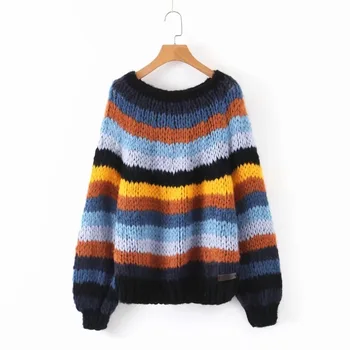 

SONDR 2020 NEW Autumn And Winter Sweater New Fashionable Handmade Contrast Colors Loose Large Size Striped Sweater