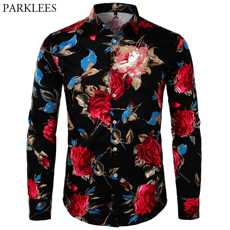 Hawaiian Men Shirt Brand Rose Floral Print Men Streetwear Slim Fit Casual Men Long Sleeve Shirts Turn-Down Collar Mens Clothing Hawaiian Men Shirt Brand Rose Floral Print Men Streetwear Slim Fit Casual Men Long Sleeve Shirts Turn-Down Collar Mens Clothing