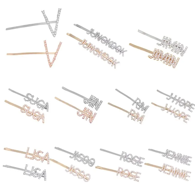 

Women Girls Metal Letters Bobby Pins Kpop Members Name Imitation Pearl Rhinestone Hair Clip Fans Supportive Decorative Barrettes