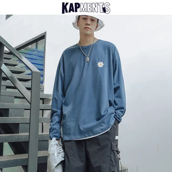

KAPMENTS Men Embroidery Harajuku T Shirts 2020 Autumn Mens Streetwear Hip Hop Long Sleeve Tshirts Casual Male Korean Black Tops