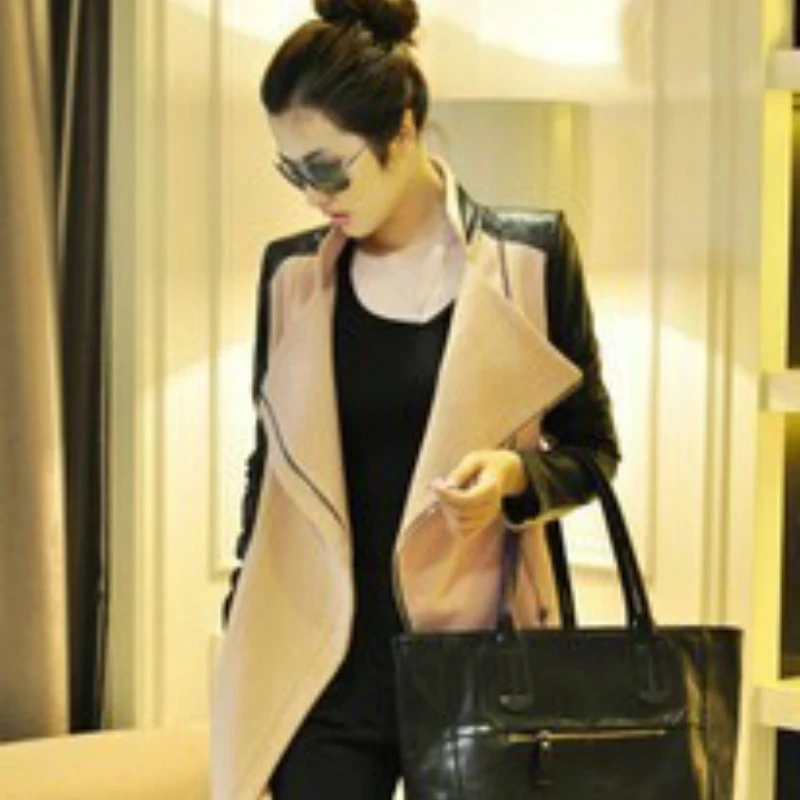 

Woman Woolen Coat Stitching Autumn and Winter Women's Black Gray Khaki Color Large Size Clothing Zipper Fashionable Jackets-ya11