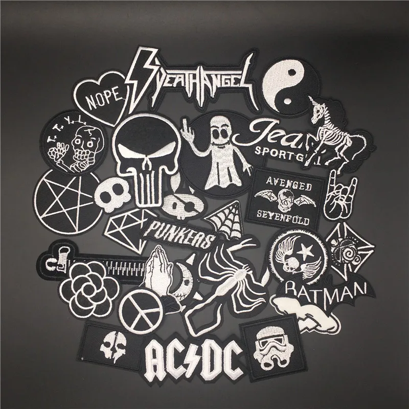

30pcs /lot Punker Clothes Patches Embroidered Iron On Badges DIY Appliue For Clothing Stickers Men Boys Jeans jacket