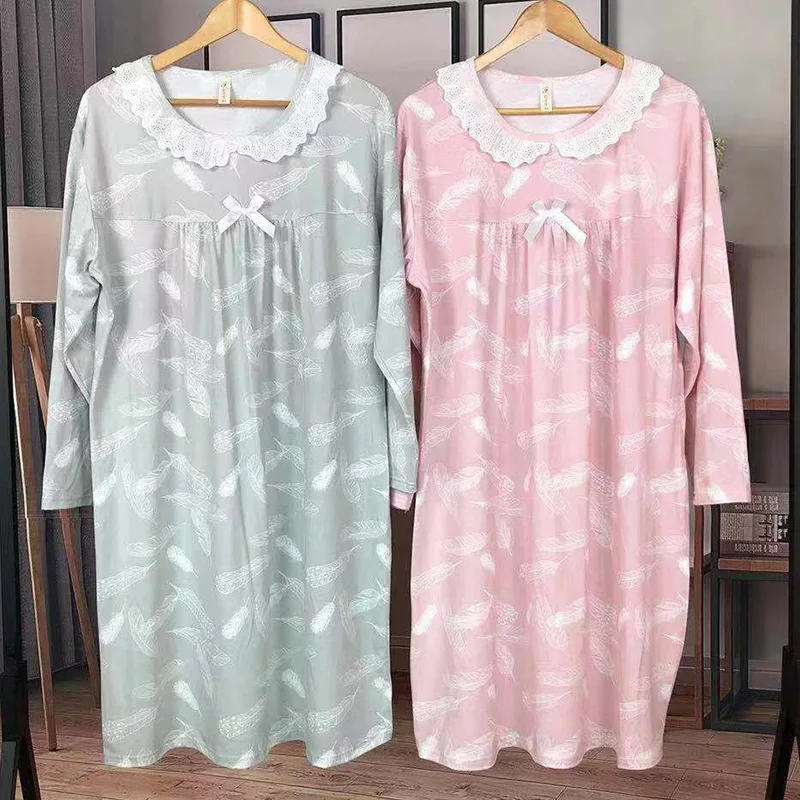 Spring Autumn Casual Plaid Cotton Nightgowns for Women Long Sleeve Loose Night Dress Home Dress Sleepwear Nightdress Nighty