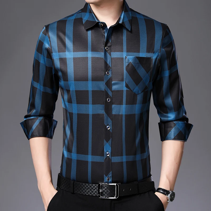 Рубашка мужская весенняя с длинным рукавом в клетку деловая повседневная