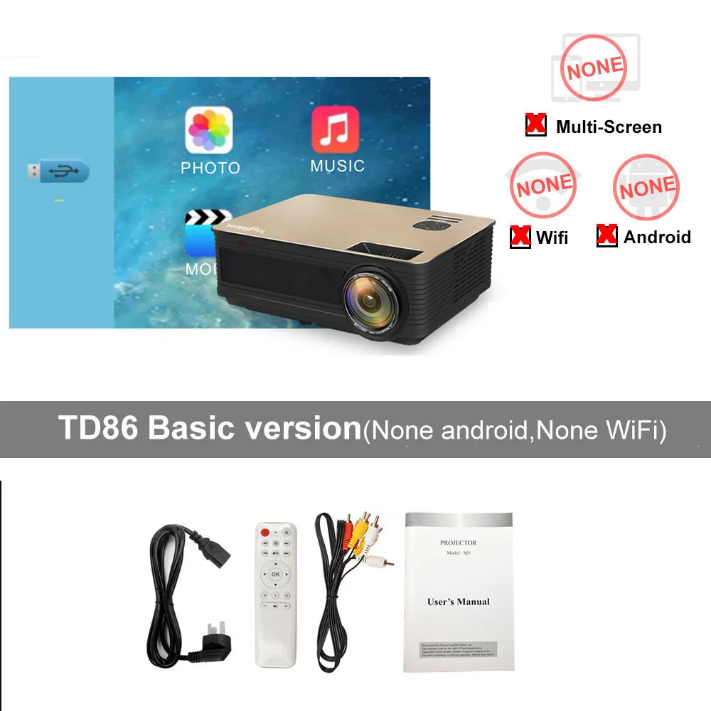 Basic version ThundeaL HD проектор TD86 4000 люмен Android 6,0 WiFi Bluetooth проектор Поддержка Full HD 1080P светодиодный M5 M5W 3D видео проектор - Цвет: Basic version