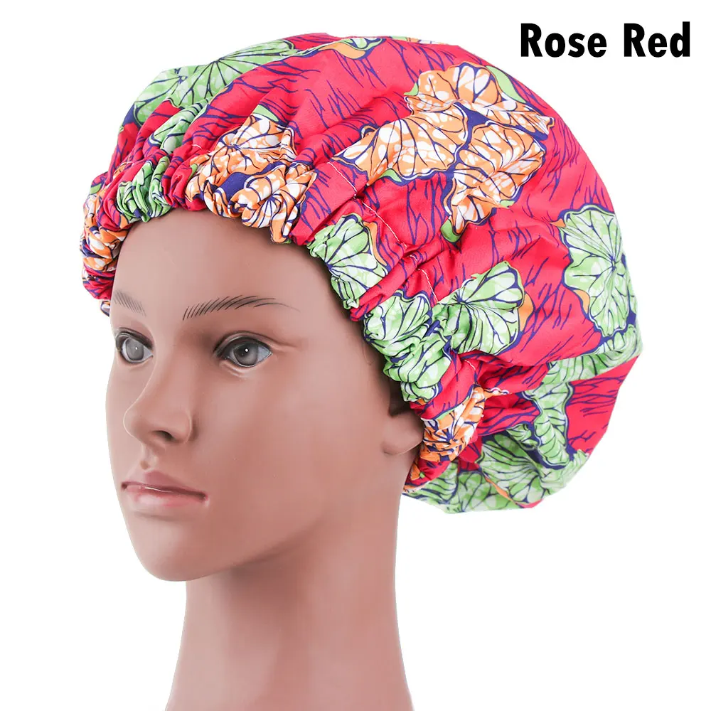 1 шт. новые очень большие атласные выстроились Bonnets для женщин Африканский узор печати ткань Анкара Bonnets ночной сон шляпа женский тюрбан подарки - Цвет: rose red