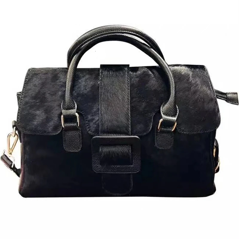 Винтажная пряжка на ремне, сумки из воловьей кожи, женская сумка, большая вместительность, Бостонская сумка, женская натуральная кожа, конский волос, сумка-тоут черного цвета - Цвет: black horse hair