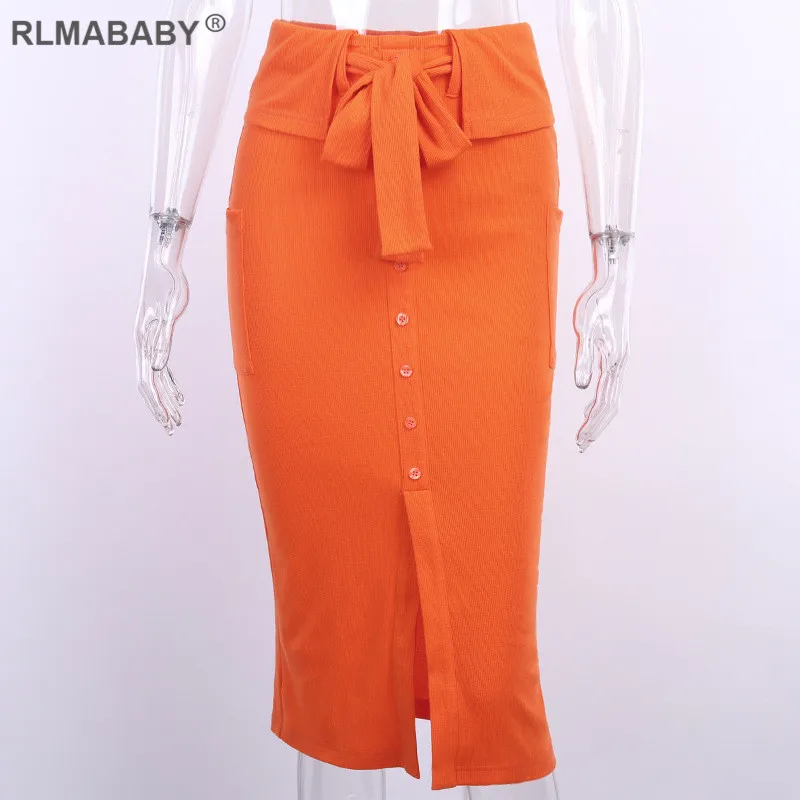 Orange Rlmaaby Осенняя юбка на пуговицах с поясом и бантиком, юбка с высокой талией, Офисная Женская повседневная юбка миди, трикотажная Сексуальная Женская юбка в рубчик - Цвет: Orange