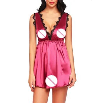 

Summer Pyjamas Sleepwear Sexy V Neck Lace Silk Lingerie Night Dress Sleep Gown Temptation Nightgown Sleepwear Women Mujer Pyjama