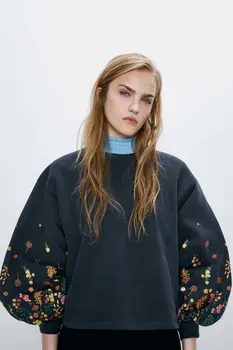 

2020 Spring Summer New Grand Flower Print navy blue zaraing women Sweatshirt sheining vadiming female Pullover Shirt CDC9461