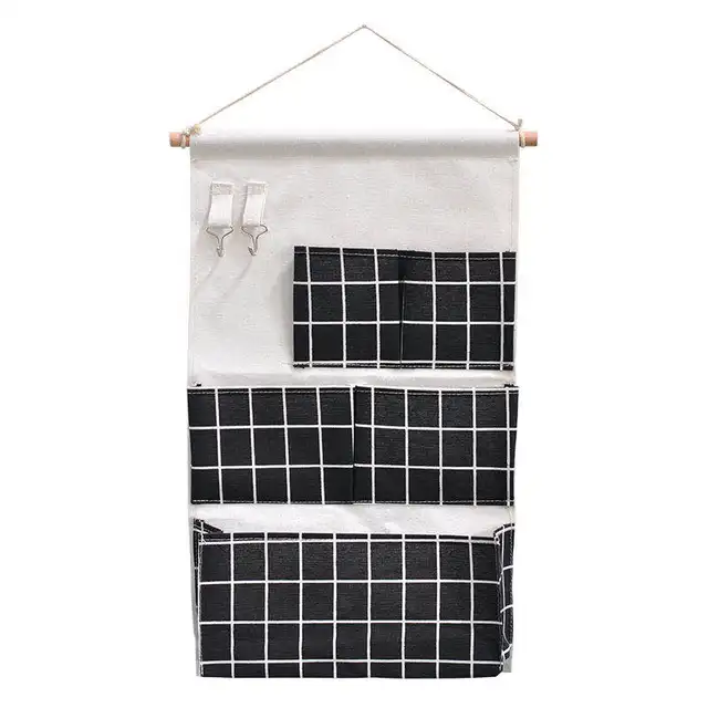 5 Pockets Cotton Linen Fabric Wall Door Hanging Bag Organizer Storage Pouches Wardrobe Closet Storage Bag Sundries Pouches black