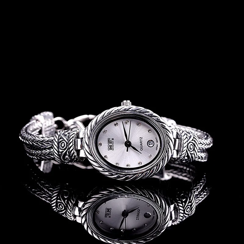 

BOCAI new 100% S925 sterling silver jewelry watch female Thai silver craft women's bracelet watch