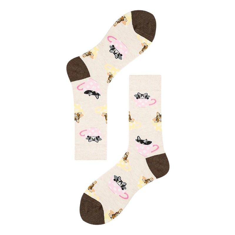 Мужские хлопковые счастливые носки с изображением еды пиццы, сыра, чашки котов, крутые мягкие цветные модные забавные носки для взрослых, повседневные носки-лодочки на осень и зиму - Цвет: 4